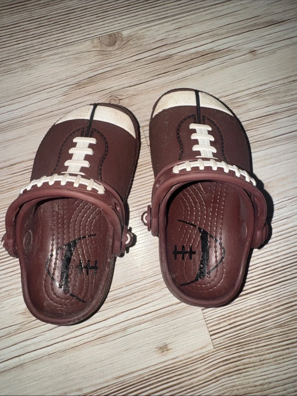 CROCS Brown & White Football-Detail Kids Slip-On Clogs